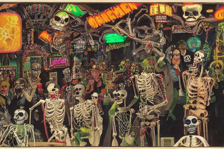 Image similar to scene from amusement arcade, day of the dead, cyber skeleton, queen in black silk in the center, neon painting by otto dix