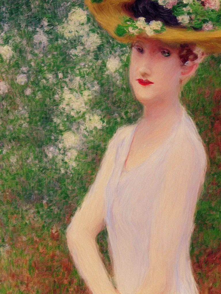 Image similar to portrait of < zelda fitzgerald > as a beautiful young lady wearing 1 9 2 0 s fashion, slim, fair, severe out of focus, depth of field, pleinairism, in the sun, backlit, closeup, oil on canvas, atr by monet, in the style of le promenade, smooth, impressionnisme, 8 k