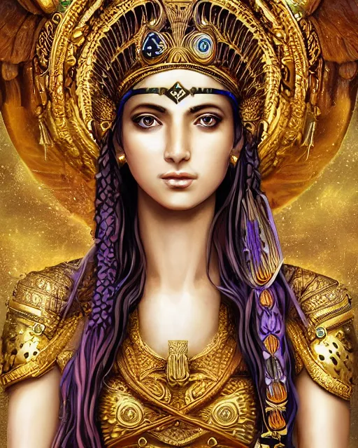 Image similar to Athena as a mesopotamian goddess of fertility, very detailed eyes, realistic eyes, , extremely beautiful, marvelous eyes, dawn, halo, flowers and plants, gold, intricated design, very detailed and rich clothing ,vivid color.digital 2D, painterly style, cinematic matte Illustration,trending on pixiv and artstation.Fantastic depth-of-field effect in Bacnground.Fine particles fluttering in the air. anime wallpaper，Sunlight on the face.by Wlop,Mika Pikazo，米山舞，Yoneyama Mai，Makoto Shinkai, VOFAN