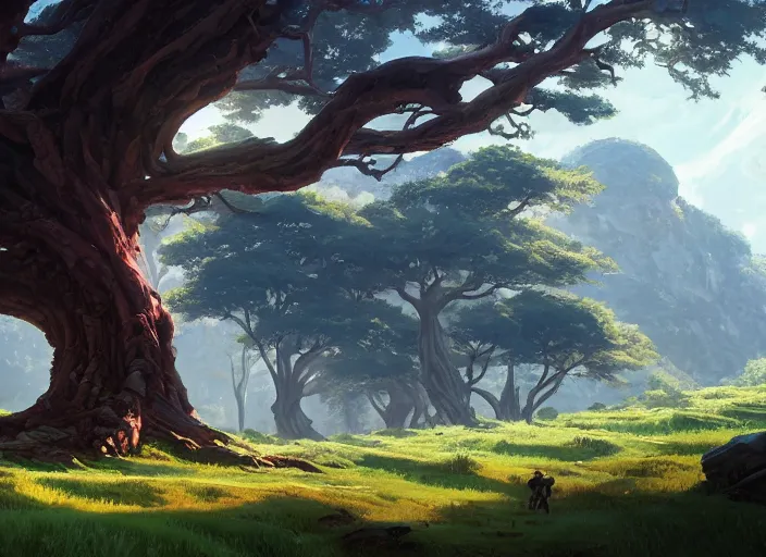 Prompt: concept art painting of a giant oak tree on a hill in a valley surrounded by forest, surrounded by mountains, realistic, by makoto shinkai and moebius and anton fadeev and greg rutkowski and james gurney