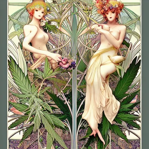 Prompt: hyper realistic, two beautiful and proud pigeon birds, majestic art-nouveau dank cannabis trees, by Range Murata and Mucha