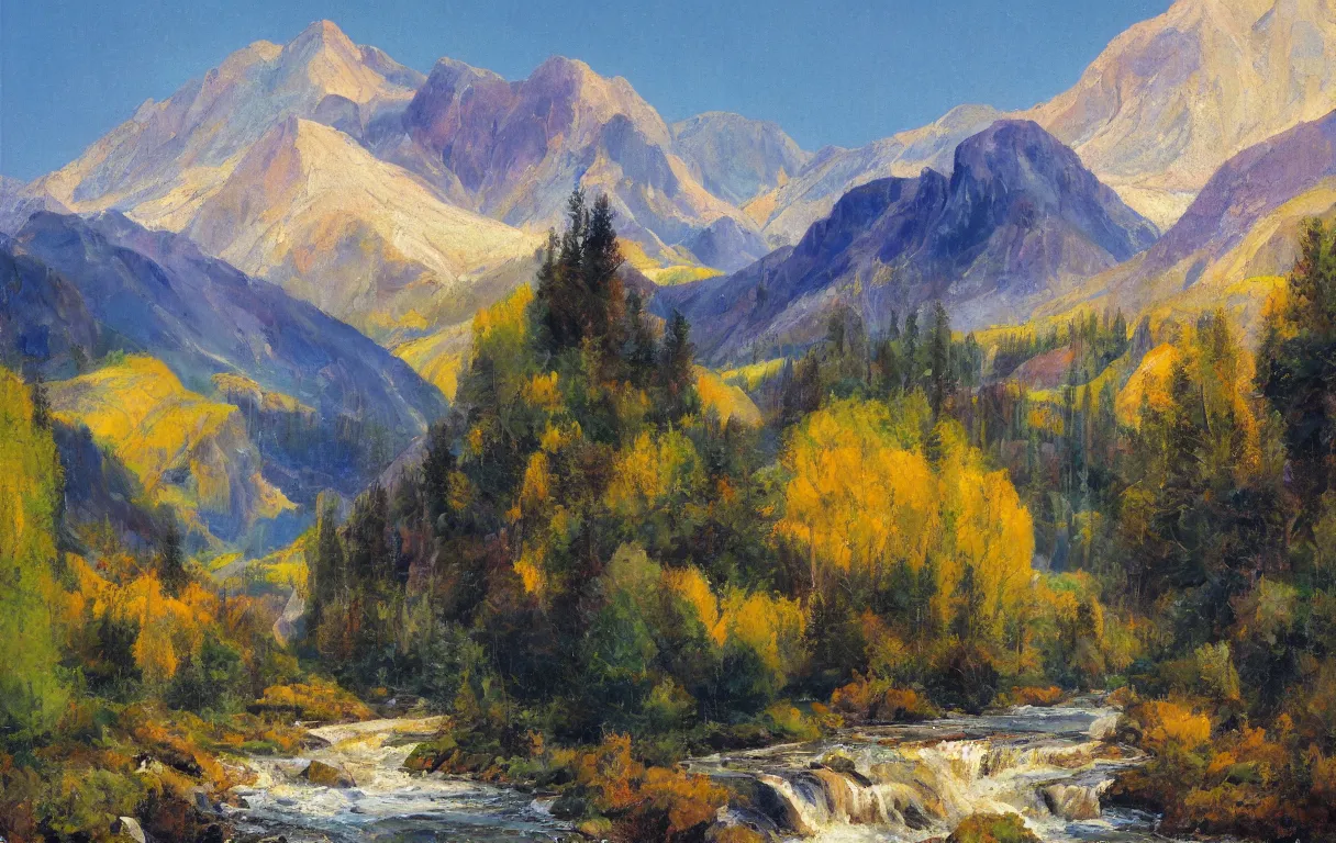 Prompt: Realist colorful impasto painting of the Salmon River mountains by John Harris, 4k scan, oil on canvas, visible brushstrokes