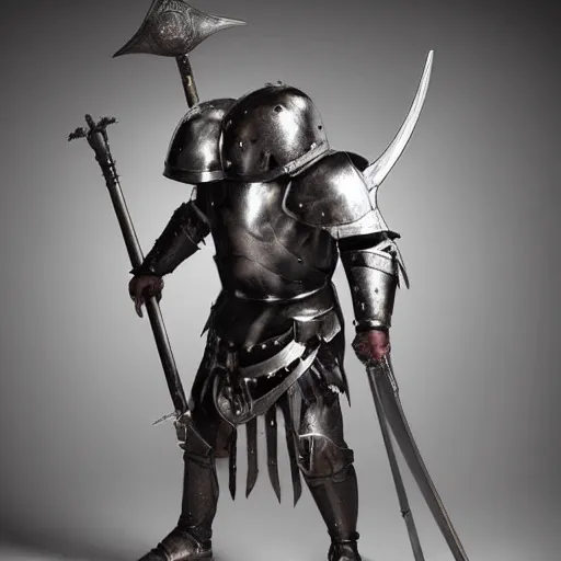 Image similar to a minotaur wearing steel plate armor and holding a mace