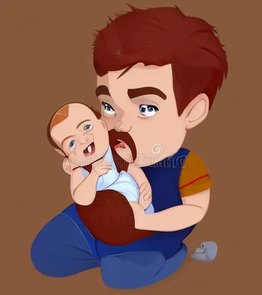 Image similar to a father with short red hair, a short red beard and blue eyes and a slightly chubby face hold his infant son with short brown hair full color digital illustration in the style of don bluth, artgerm, artstation trending, 4 k