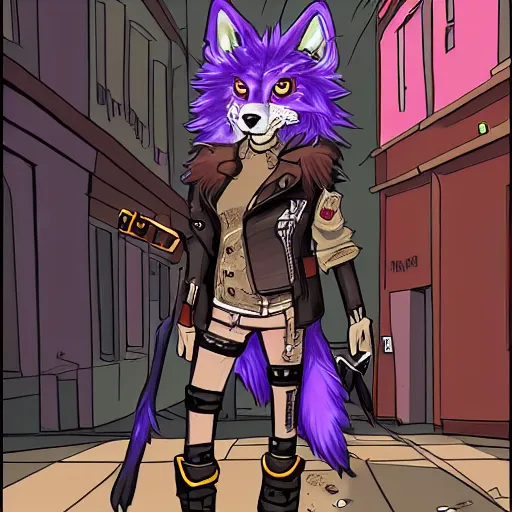 Image similar to beautiful furry art portrait commission of a furry anthro wolf fursona wearing punk clothes in the streets of a cyberpunk city. character design by rick griffin, miles df