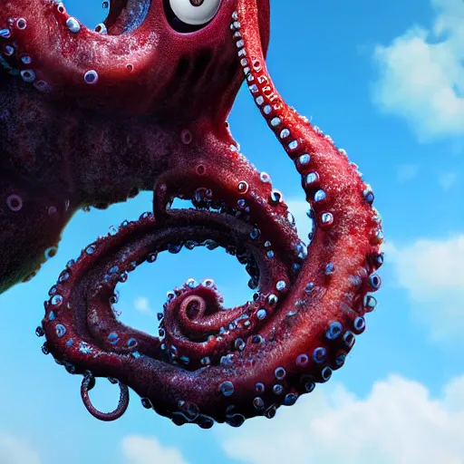 Prompt: A horrific tentacled monster floats in the blue sky, HD photorealistic image