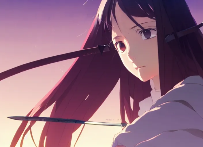 Image similar to portrait of woman sword fighting, rule of thirds, illustration concept art anime key visual, trending pixiv fanbox by wlop and greg rutkowski and makoto shinkai and studio ghibli and kyoto animation