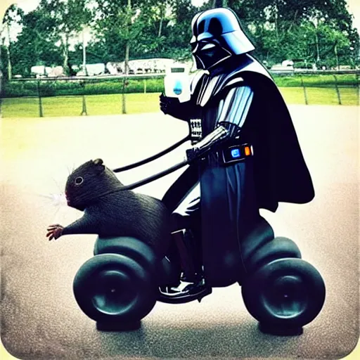 Image similar to a beautiful photo of darth vader riding on a hamster, darth vader on the back of a hamster trending on instagram