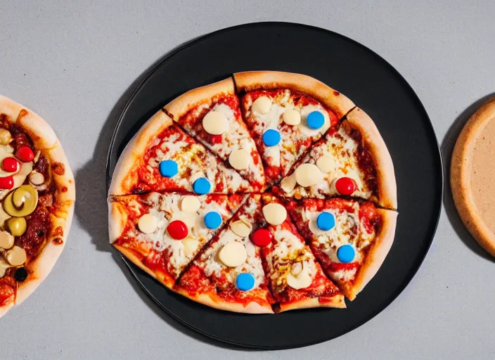 Prompt: dslr food photograph of pizza with gumball and peanut butter toppings, 8 5 mm f 1. 8