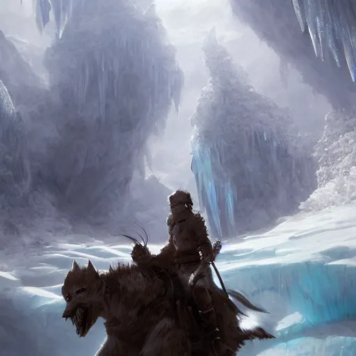 Image similar to riding the warcat into the translucent ice caves. melancholy undertones, high fantasy art official contest submission greg rutkowski 3 8 4 0