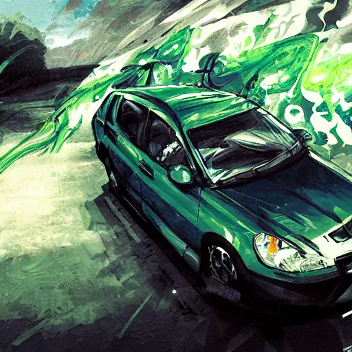 Image similar to blue knight in a green hatchback car, close up, anime, desert landscape, greg manchess, akehiko inoue and ross tran, Pyromallis Nekro Rene Margitte