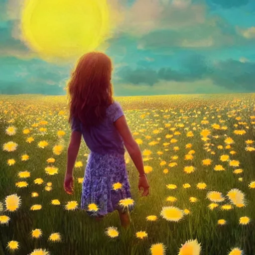 Image similar to head made of giant daisies, smiling girl standing barefoot in a vast flower field, arms outstretched, surreal photography, sunrise dramatic light, impressionist painting, colorful clouds, large sky, digital painting, artstation, simon stalenhag, flower face