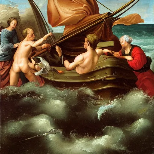 Prompt: a renaissance style oil painting of an old man, a marlin, and a boat in a turbulent sea. The old man is in the center of the image, with the marlin on the left and the boat on the right. He is leaning back, using all his strength to reel in the marlin. His face is sweaty and strained, and his arms are shaking. The marlin is huge, and its body is thrashing around in the water. The boat is small and insignificant compared to the marlin, and it is being pulled towards the fish. The overall effect is one of drama and suspense.