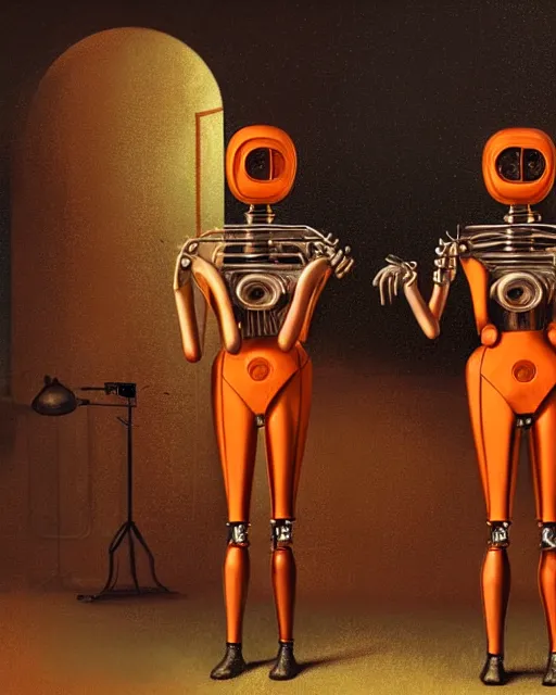 Prompt: hyperrealistic victorian mechanical humanoids singing on an art deco stage concept art santiago caruso de chirico sharp dramatic orange light 8k low angle shallow depth of field