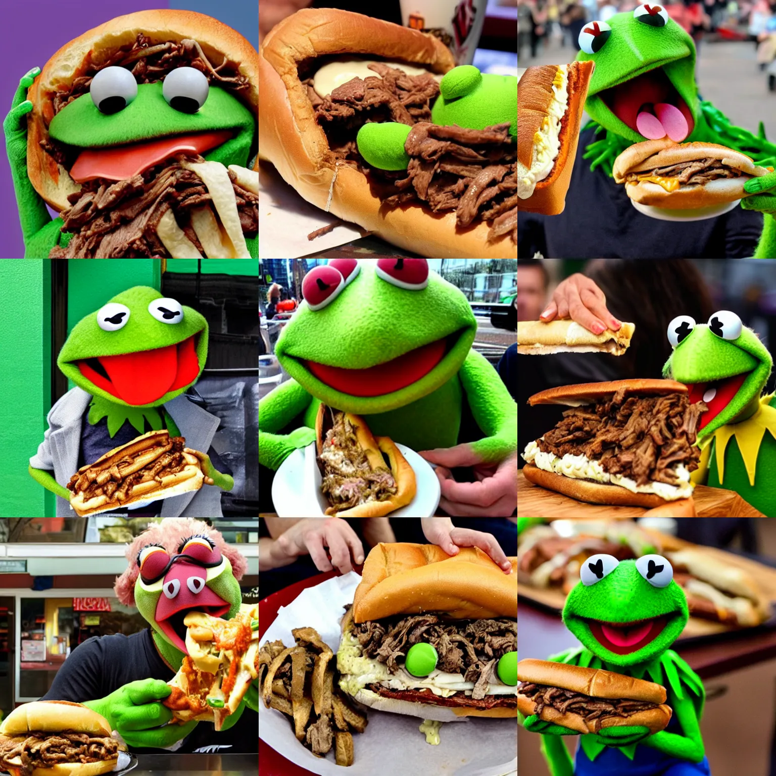 Prompt: Kermit the Frog unhinging his jaw and devouring a giant cheesesteak sandwich