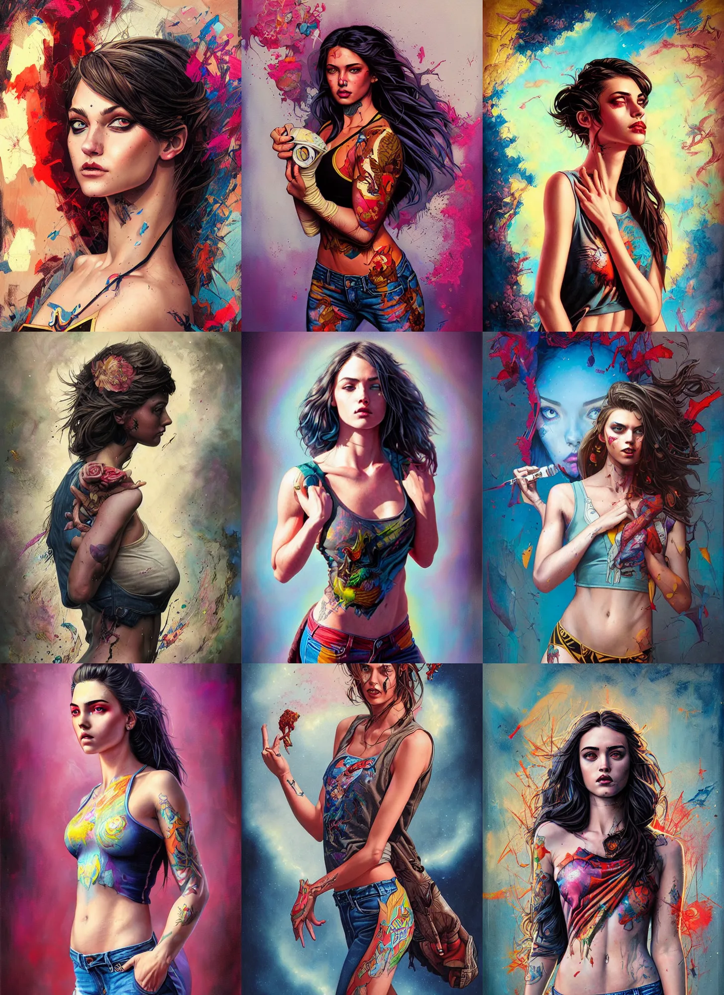 Prompt: a comic book style fantasy portrait painting of a beautiful girl wearing a tanktop and jeans, art by Tristan Eaton, Stanley Artgerm, Tom Bagshaw, Greg Rutkowski, Carne Griffiths