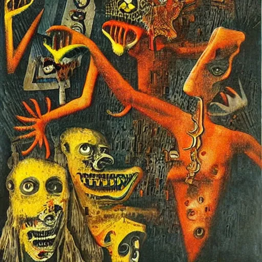 Image similar to uncanny repressed emotional monsters breaking free from the unconscious in a fiery revolution, collage by max ernst