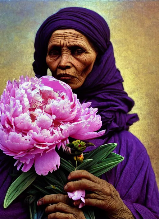 Prompt: many peonies, flower buds, birds on hight detailed background, portrait of a old woman, tuareg, nomads, vultures, dark background, purple colour scheme, full length, masterpiece, dark background, art by giger, guyver, caravaggio, alphonse mucha, cinestill, moviestill, bokeh, artstation