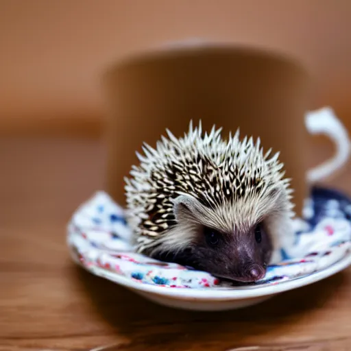 Image similar to baby hedgehog in a teacup, photography, bokeh, minimalistic, 8 k