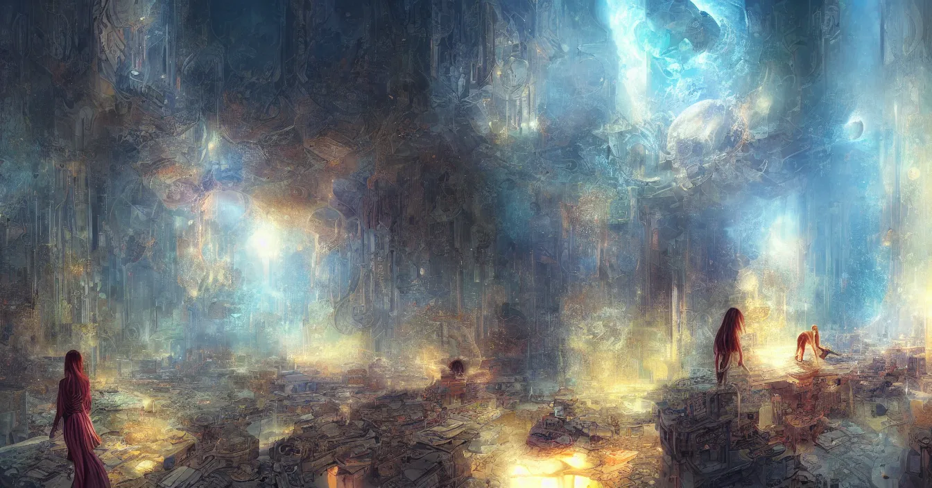 Image similar to Imagination of The point of view of human consciousness from calm space behind mirror into world of physical reality, deep sense of spirituality, life meaning, meaning of physical reality, calm atmosphere, by Marc Simonetti