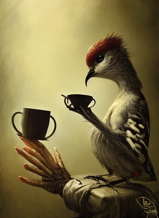 Image similar to a bird holds a cup of tea in its hands, hyperrealism, no blur, 4 k resolution, ultra detailed, style of tyler edlin, tom bagshaw, arthur rackham, ivan shishkin