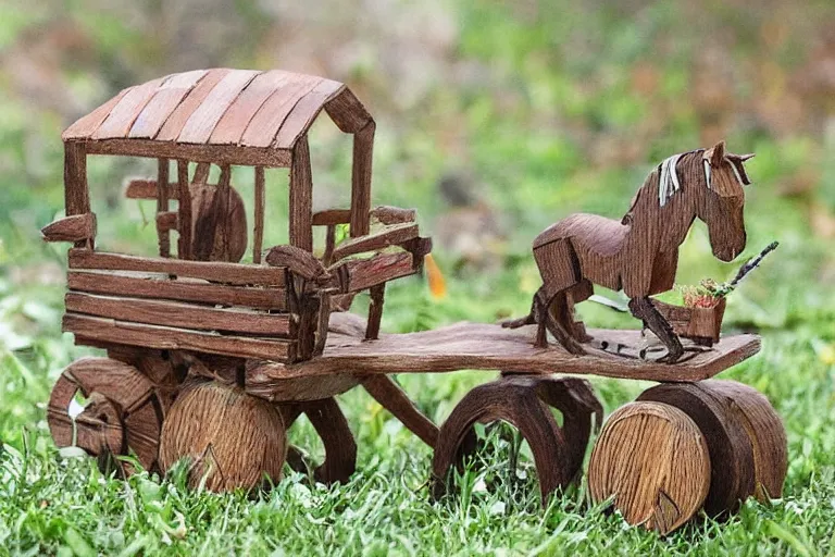 Image similar to a wooden toy horse pulling a wooden carriage, a storybook illustration by betye saar, pinterest contest winner, ecological art, made of cardboard, made of trash, ray tracing