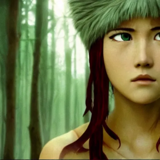 Prompt: mary elizabeth winstead as princess mononoke, still frame, sharp focus, cinematic, filmic