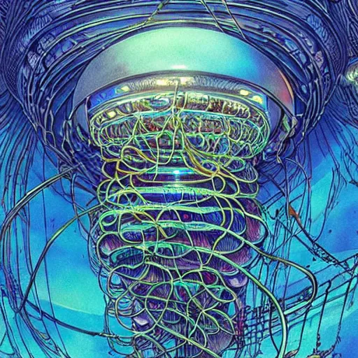 Image similar to a hyper detailed painting of a cyberpunk jellyfish, cables everywhere, blue tones, underwater, futuristic hi-tech details, art by jean giraud