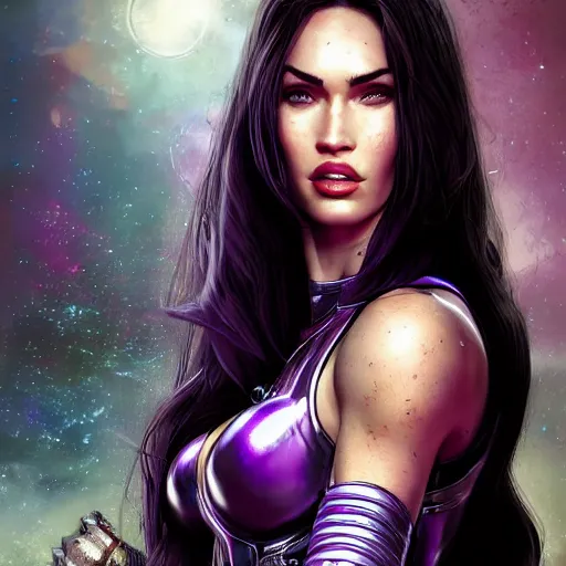 Image similar to close up portrait of megan fox in smooth purple sci - fi armor, long black ponytail, elegant, intense, woman, an ultrafine hyperdetailed illustration by kim jung gi, irakli nadar, intricate linework, sharp focus, bright colors, octopath traveler, final fantasy, unreal engine 5, global illumination, radiant light