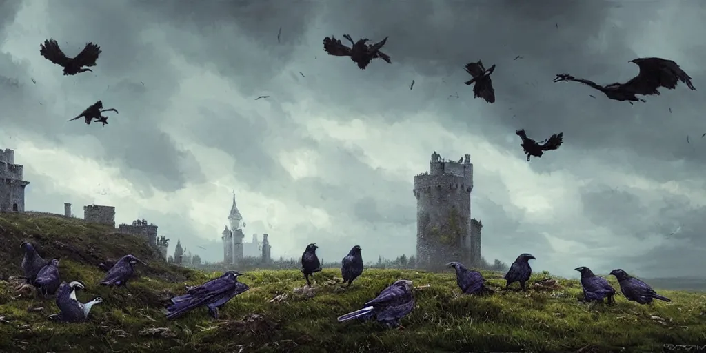 Image similar to A group of Ravens sit around a fallen solider, a medieval castle in the distance, dark fantasy, stormy sky, lightning, digital art by Greg Rutkowski and Studio Ghibli