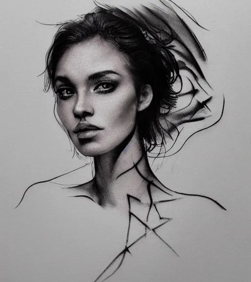 Image similar to tattoo design sketch of an extremely beautiful woman face with a faded background of beautiful mountains on her side, hyper - realistic, double exposure effect, in the style of matteo pasqualin, amazing detail, black and white, faded