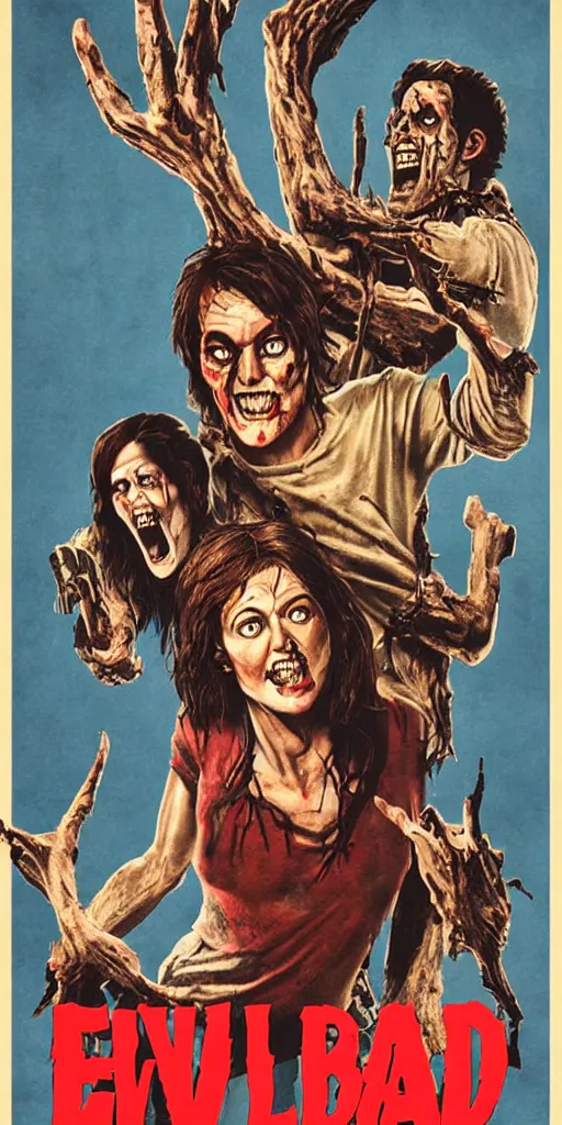 Prompt: evil dead movie poster, comedy movie, funny, laughing, 8 0 s