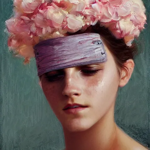 Image similar to blindfolded very thick paint brush strokes paint texture full body fashion model emma watson by Jeremy Lipking by Hasui Kawase by Richard Schmid (((smokey eyes makeup eye shadow fantasy, glow, shimmer as victorian woman in a long white frilly lace dress and a large white hat having tea in a sunroom filled with flowers, roses and lush fern flowers ,intricate, night, highly detailed, dramatic lighting))) , high quality