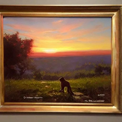 Image similar to a dog watching a beautiful sunset, paint by craig mullins