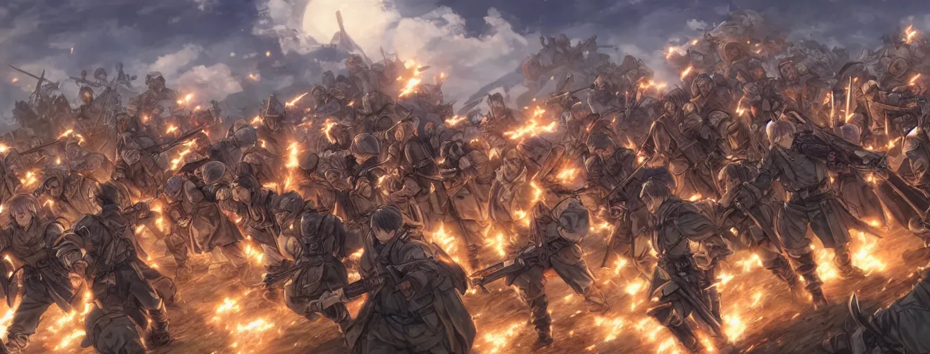 Prompt: calvary soldiers heroic final charge to their deaths. hyperrealistic anime background illustration by kim jung gi, colorful, extremely detailed faces, intricate linework, smooth, super sharp focus, bright colors, high contrast, matte, octopath traveler, studio ghibli, unreal engine 5 highly rendered, global illumination, radiant light