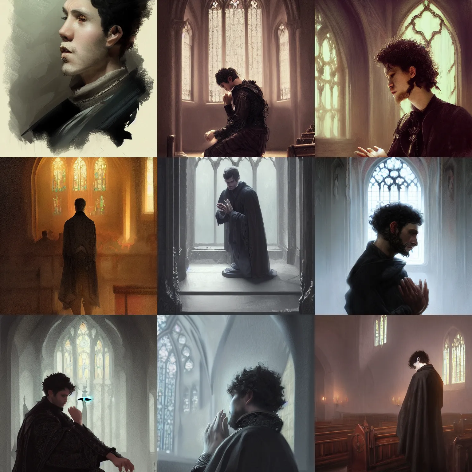 Prompt: portrait of man praying in church, young, male, short curly hair, gothic, romantic era garb, intricate, brooding, ethereal, highly detailed, cinematic lighting, digital painting by bayard wu, trending on artstation