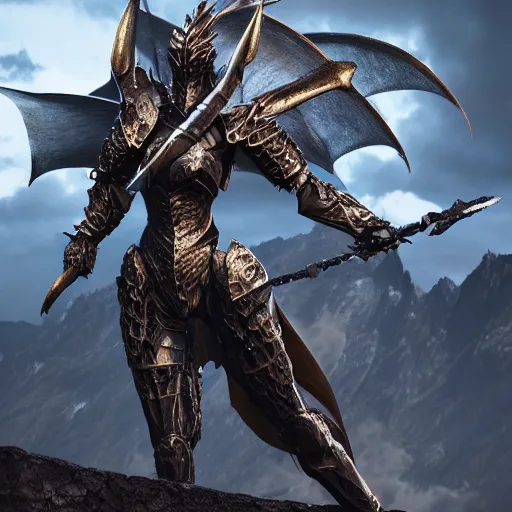 Image similar to highly detailed realistic stunning shot of a beautiful anthropomorphic female dragon knight, doing a majestic and elegant pose, armor made of steel, sharp claws and tail, two wings on her back, HD octane render, epic cinematography, fantasy, Artstation, Deviantart, Furaffinity