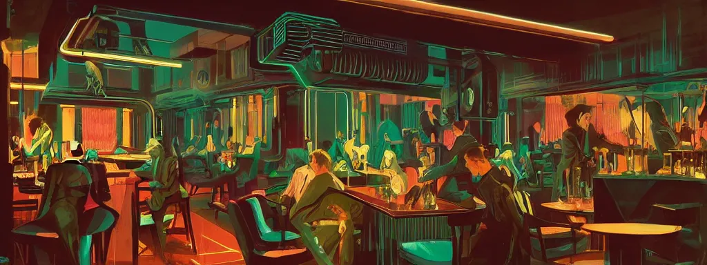 Image similar to concept art, crowded retro - futurist speakeasy, reflections, dark moody lighting, designer furniture, high ceiling, 6 0 s colour palette, beautiful plants, colourful flowers, floor lamps, multi - level, bladerunner, james jean, syd mead, akihiko yoshida, cinematic