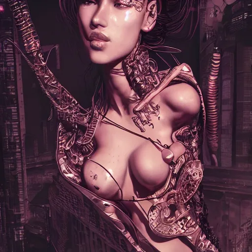 Prompt: the portrait of an absurdly beautiful, graceful, sophisticated, fashionable cyberpunk gravure idol, an ultrafine hyperdetailed illustration by kim jung gi, irakli nadar, intricate linework, neon colors, porcelain skin, unreal engine 5 highly rendered, global illumination, radiant light, detailed and intricate environment