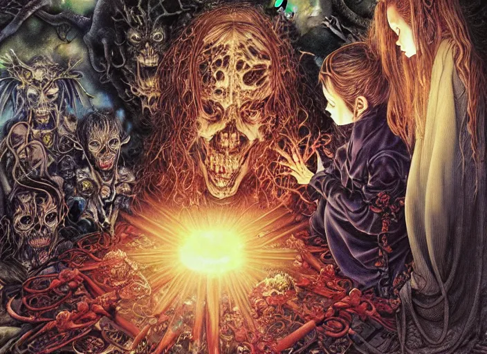 Prompt: realistic detailed image of a children performing an occult ritual at the cemetary, imps and demons lurking in the shadows by Ayami Kojima, Amano, Karol Bak, Greg Hildebrandt, and Mark Brooks, Neo-Gothic, gothic, rich deep colors. art by Takato Yamamoto. masterpiece. from 2021 movie by Terrence Malick and Gaspar Noe