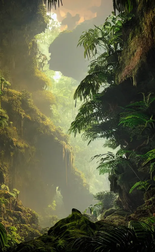 Prompt: a beautiful render of a dark prehistoric rainforest in a humongous cave, lush flora, patches of yellowish - magenta sky, sunset, floating mountains and a waterfall in the background, intricate detail, hazy, humid, volumetric lighting, 8 k, photorealistic, raytracing effects, unreal engine 5