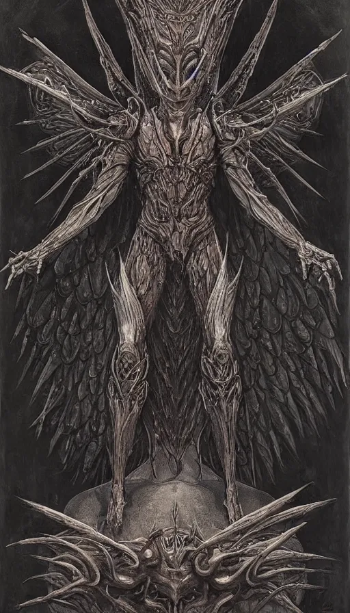 Image similar to Morningstar themed painting of symmetrical torso Satan's infernal armor anatomy with batlike wings and extended evil hands concept, intricate artwork by H.R. Giger, Johnatan Wayshak, Zdizslaw Beksinski, Ayami Kojima, Amano, Karol Bak, Moebius, and Mark Brooks, Neo-Gothic, gothic, rich deep colors, art by Takato Yamamoto, masterpiece, face by Artgerm, very coherent artwork, cinematic, hyper realism, high detail, octane render, unreal engine, 8k, High contrast, golden ratio, trending on cgsociety