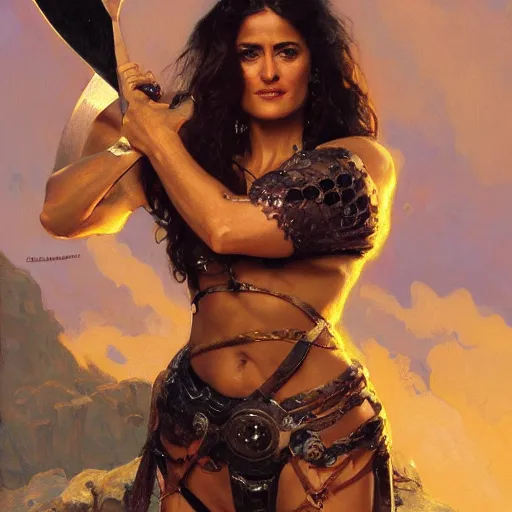 Prompt: A painting of Salma Hayek wearing a chainmail bikini and holding an axe ,by Stanley Artgerm Lau, Greg Rutkowski, Thomas Kinade ,Alphonse Mucha, Loish, Norman Rockwell ,trending on artstation , rule of thirds ,HD 4k , focus face , body