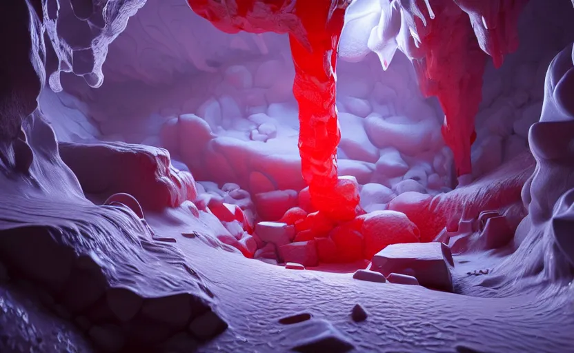 Image similar to liquid nitrogen and with red water-cooling coolant flowing through latent representations of ice caverns by centrifugal forces, gaming pc components sticking out the walls, high detail, high contrast, low-poly elements!!!!!, trending on artstation, octane render, subsurface scattering, 4k