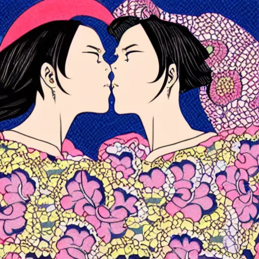 Image similar to closeup of two women made of patterns kissing each other, manga art by araki, jojo's bizarre adventure key visual