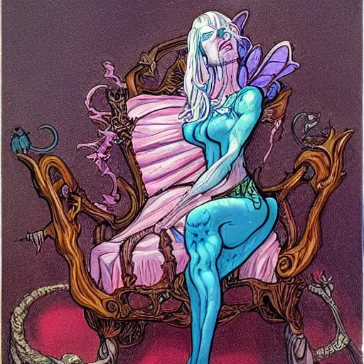 Image similar to acrylic painting, art in the style of Terry Moore, Moebius and Mohrbacher, a portrait of an elder fairy asleep on a chair, her wand and accessories beside her.