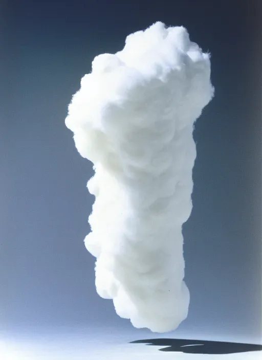 Image similar to realistic photo of a scientific model of white cloud made of white clay, mounted to a wooden stick, front view 1 9 9 0, life magazine reportage photo, metropolitan museum photo