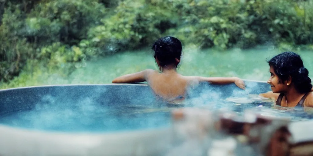 Image similar to sri lankan girl in a hot tub, film still, bubbles