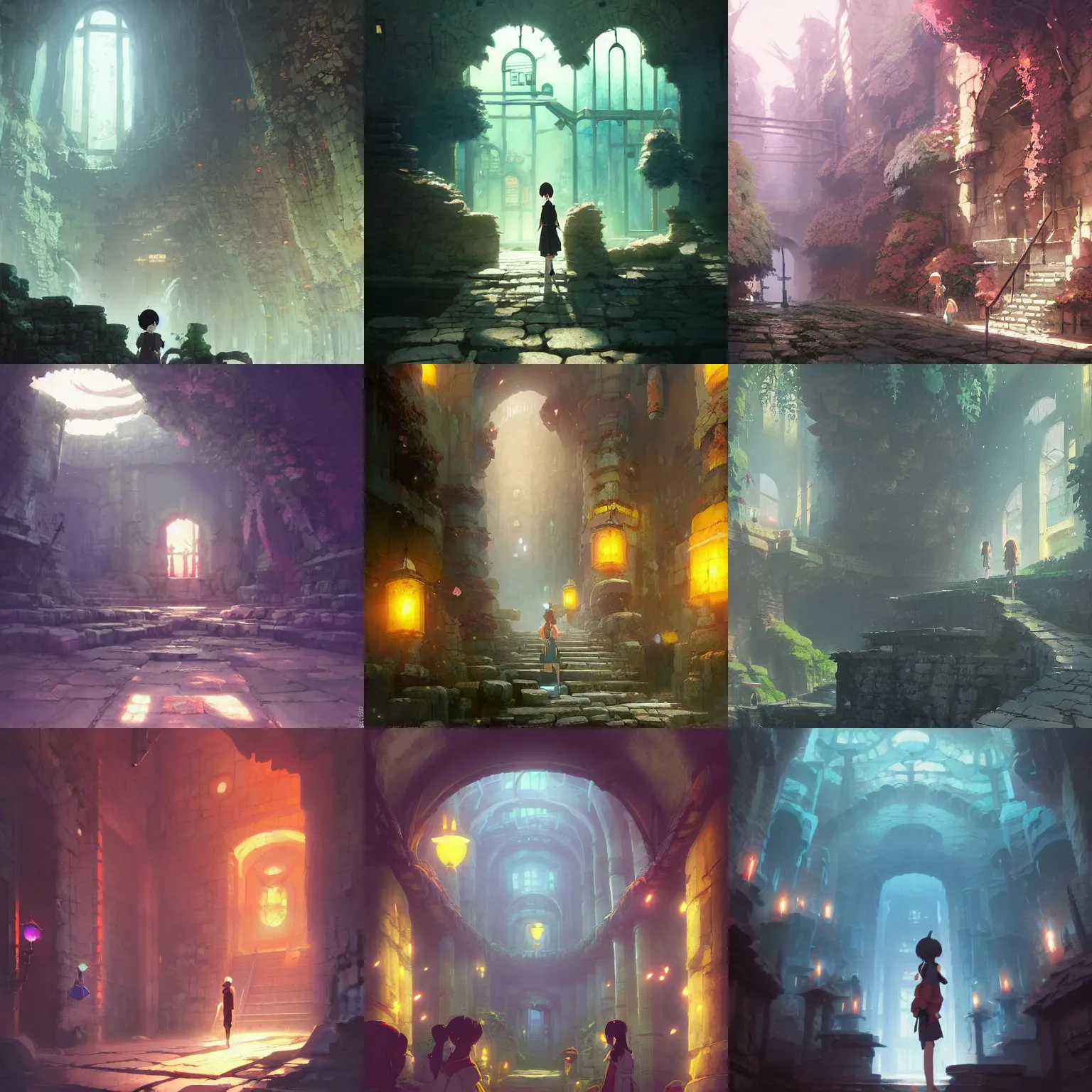 Prompt: Anime key shot of ancient underground dungeon, studio Ghibli, Pixar and Disney animation, sharp, Bloom, dramatic lighting, anime key art by Greg Rutkowski