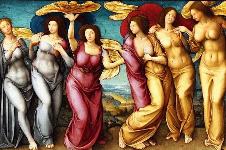 Prompt: renaissance art nouveau painting of maidens in heaven licking gods